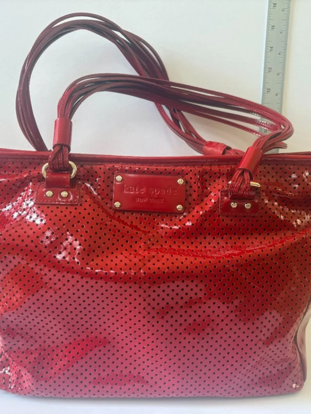 Kate Spade Patent Leather Red Shoulder Bag. 17L x 9H x 6W (inches)